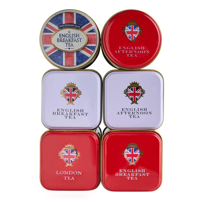 New English Teas British Icons 6x Tea Tin Gift Pack with 140g Loose English Tea - Union Jack, London Bus and Phone Box, UK Souvenir