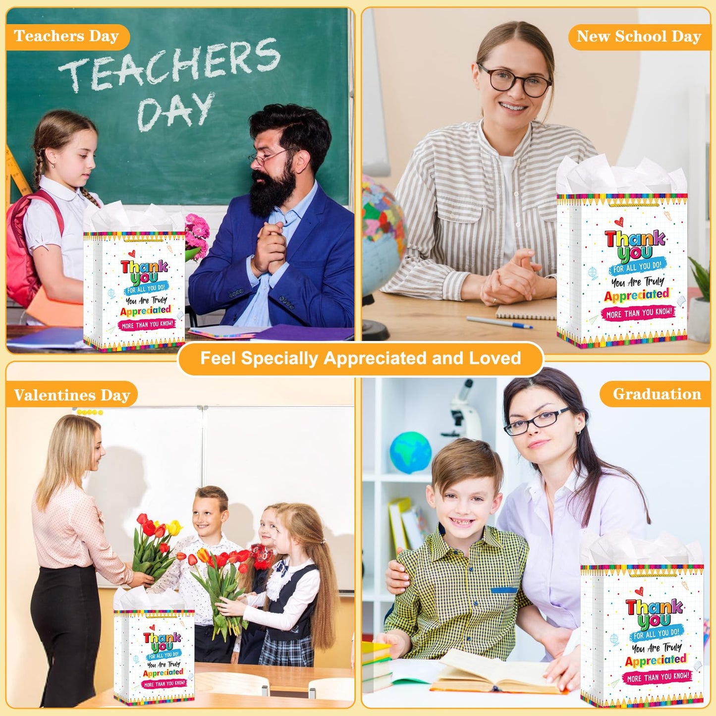 FaCraft Teacher Appreciation Gift Bags - 11.5" Teacher Gift Bag with Tissue Paper and Handles - Thank You for All You Do Bag for Graduation Retirement End of Year Teacher Gifts from Students