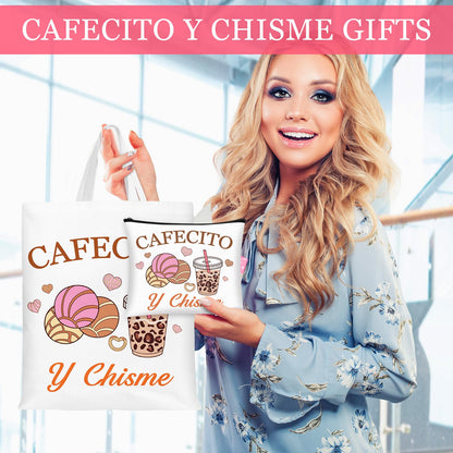 6 Pcs Funny Cafecito Y Chisme Gifts Mexican Concha Coffee Tote Bags and Makeup Bags Set Mexican Latina Coffee Theme Gift for Mother's Day Women