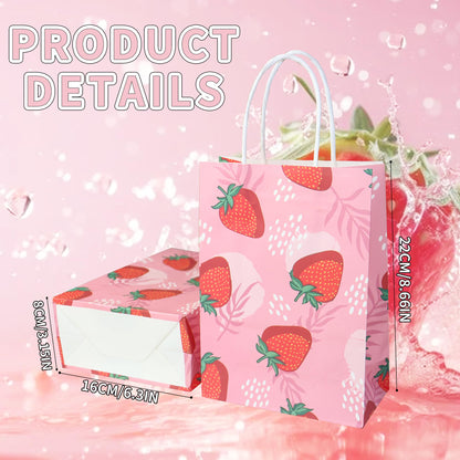 W WINTMING 16Pcs Strawberry Party Favor Bags Strawberry Gift Bags with Handles Pink Red Paper Goodie Bags Cute Fruit Candy Bags for Summer Birthday Party Decoration