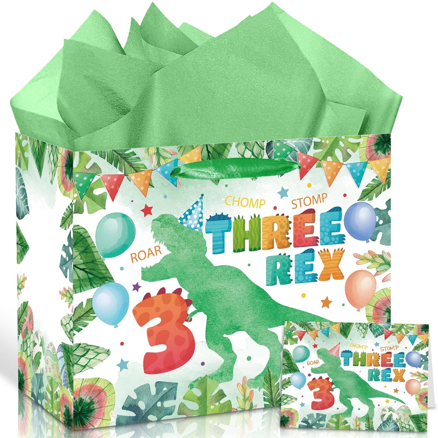 Peconal 3rd Birthday Gift Bag Dinosaur 3rd Birthday Party Decorations Three Rex Dinosaur Gift Wrapping Paper Bag with Tissue Paper for Boys Dino Age 3 Year Old Party Favors Supplies