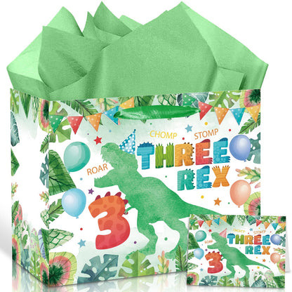 Peconal 3rd Birthday Gift Bag Dinosaur 3rd Birthday Party Decorations Three Rex Dinosaur Gift Wrapping Paper Bag with Tissue Paper for Boys Dino Age 3 Year Old Party Favors Supplies