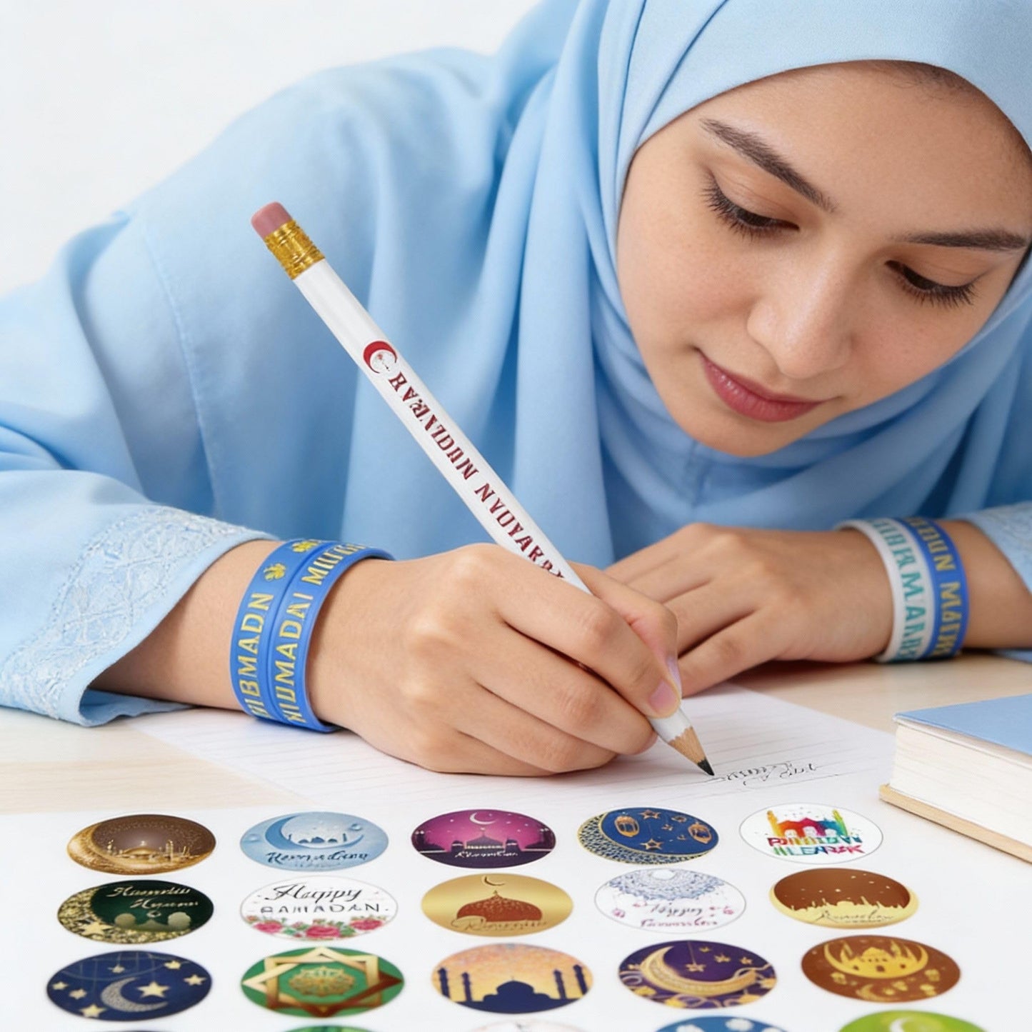 Mooliwe 496 Pcs Ramadan Gifts Eid Ramadan Pencil Wristband Sticker Set Including 48 Pencil 48 Wristband 400 Sticker for Mubarak Party Decorations Gifts(Classic)