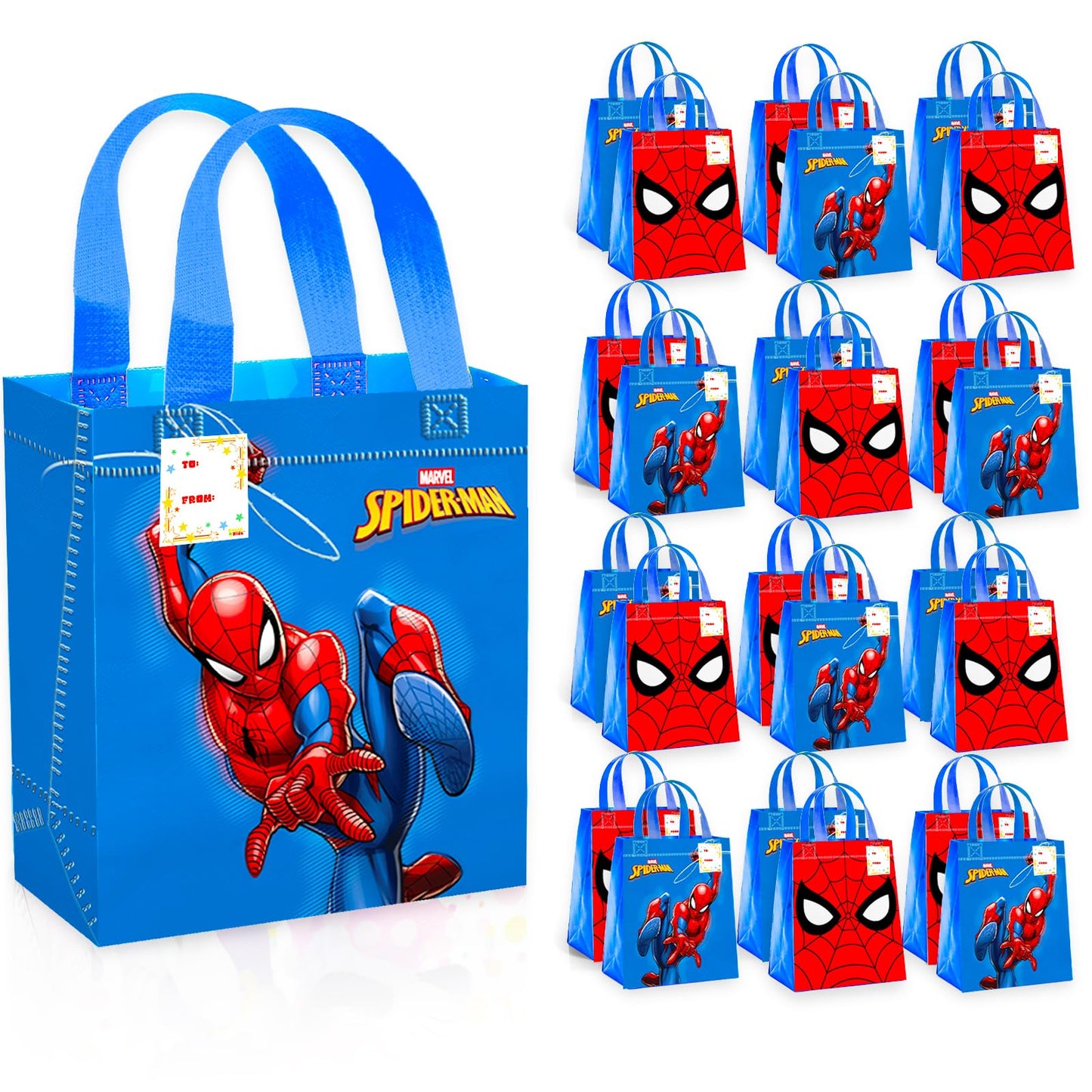 Spiderman Party Favor Bags Set – 12 Pack 8" Marvel Party Goodie Bags for Kids Bulk Reusable Mini Totes | Spiderman Birthday Party Supplies