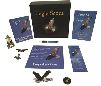 11 Piece Keepsake Box with Signed Book - Eagle Scout Gifts for Court of Honor Ceremony - Dare to Soar Edition Celebration Set with Ornament Pin and Challenge Coin