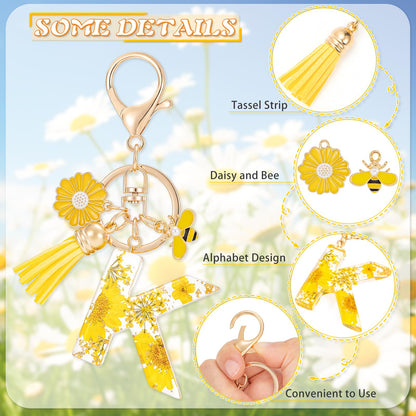 MWOOT Initial Letter Keychain Resin Alphabet Keyrings,Yellow Petals Gold Foil Key Ring Key Chain Charm