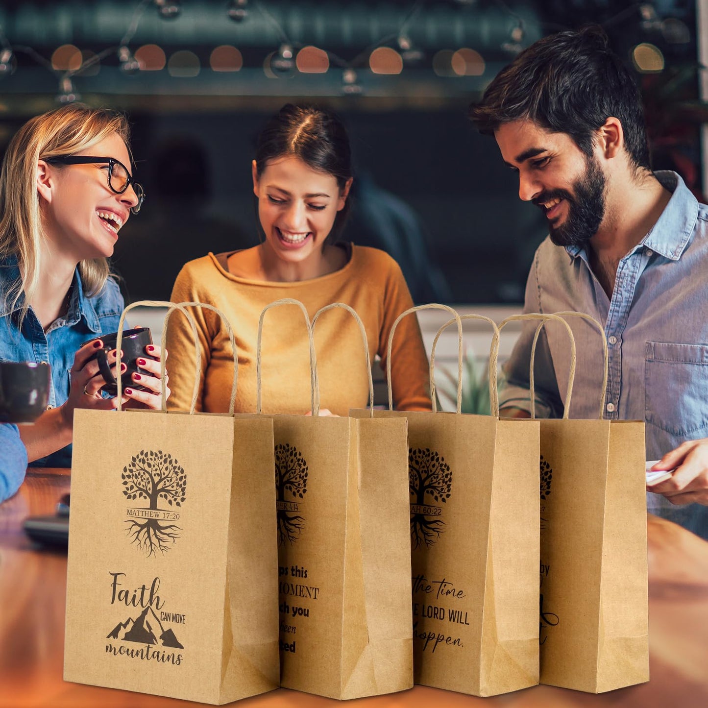 60 PCS Christian Gift Bags Bulk Religious Brown Kraft Paper Bags with Handles Bible Verse Inspirational Designs for Church Welcome Gifts Pastor Family Baptism Reunion