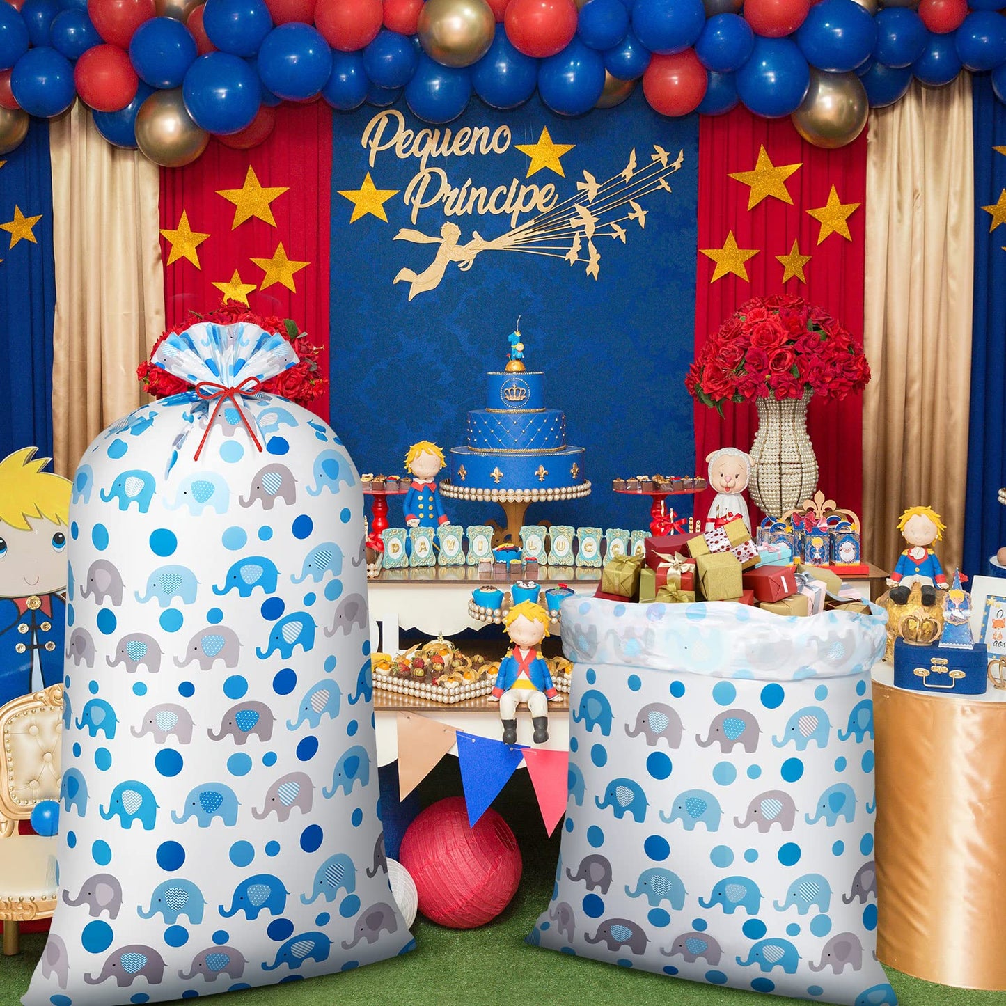 Leinuosen 2 Pcs 70 Inches Extra Large Gift Bags for Baby Shower Jumbo Oversized Plastic Gift Bags with Ropes for Birthday Parents Party Favors(Blue Elephant Polka Dot)