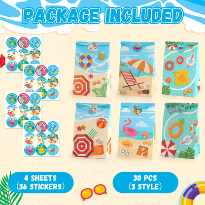 HEJIN 30 PCS Pool Party Favor Bags with 36 Stickers, Summer Gift Bags Pool Party Decorations Supplies for Kids, Mermaid Goodie Bags Beach Gifts for Birthday, Baby Showers, Wedding