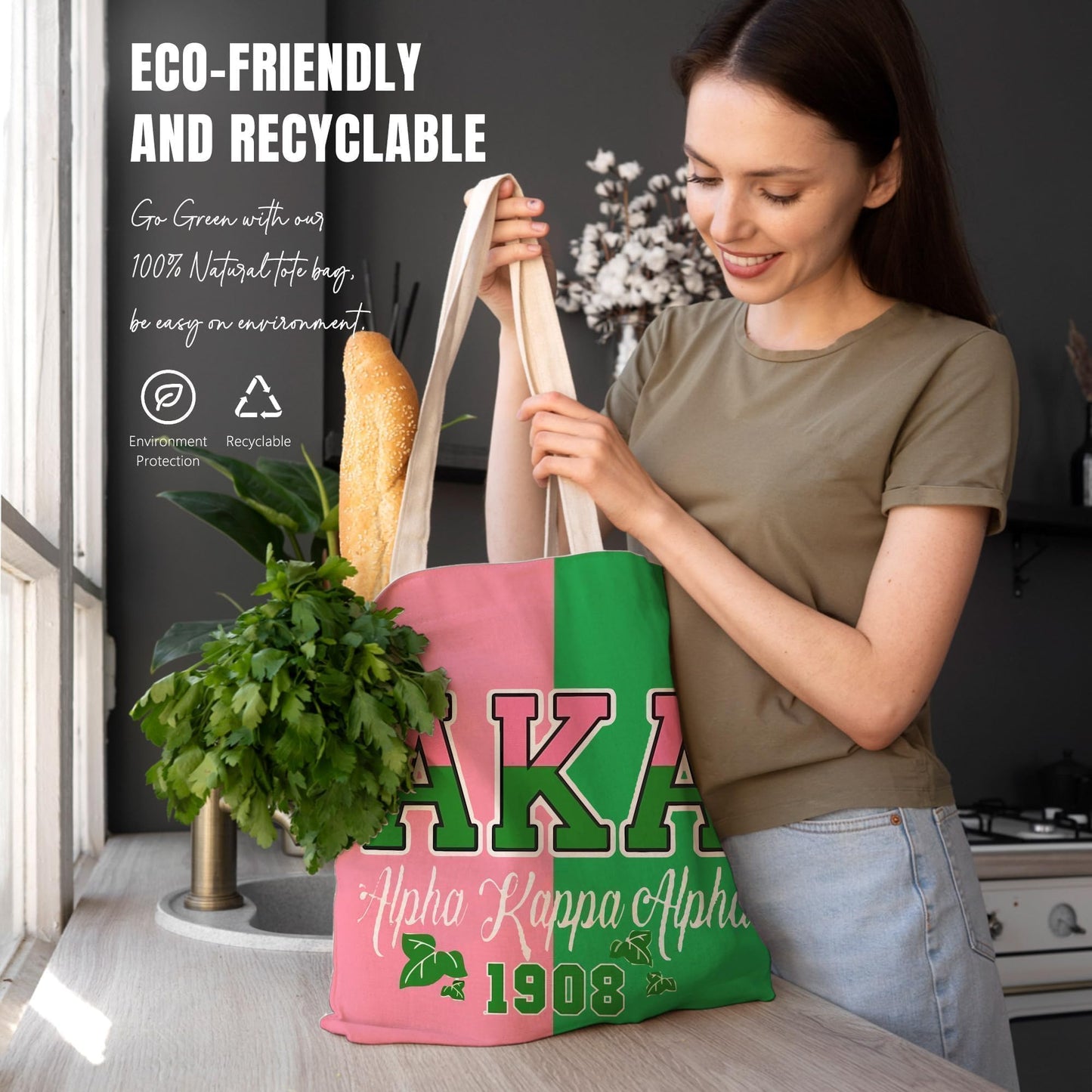 ATHAND AKA Sorority Canvas Tote Bag with Zipper Inner Pocket,Reusable Shopping Beach Travel Grocery Bag for Friend,Girl