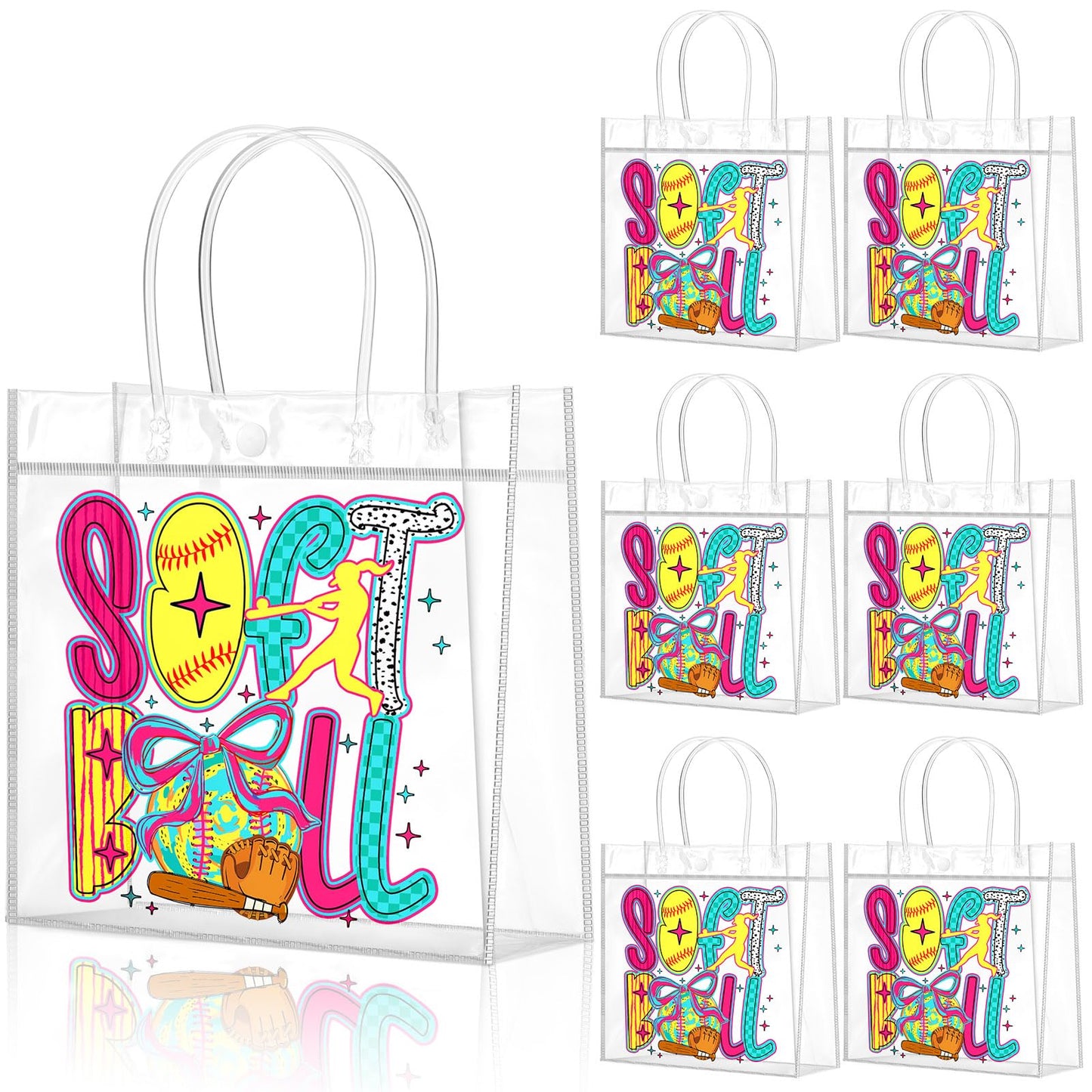 20 Pcs Coquette Softball Goodie Bags with Handles Bow Glitter Preppy Reusable Sports Treat Bags for Candy Birthday Party Supplies 8 x 8 x 3.15''(Softball)