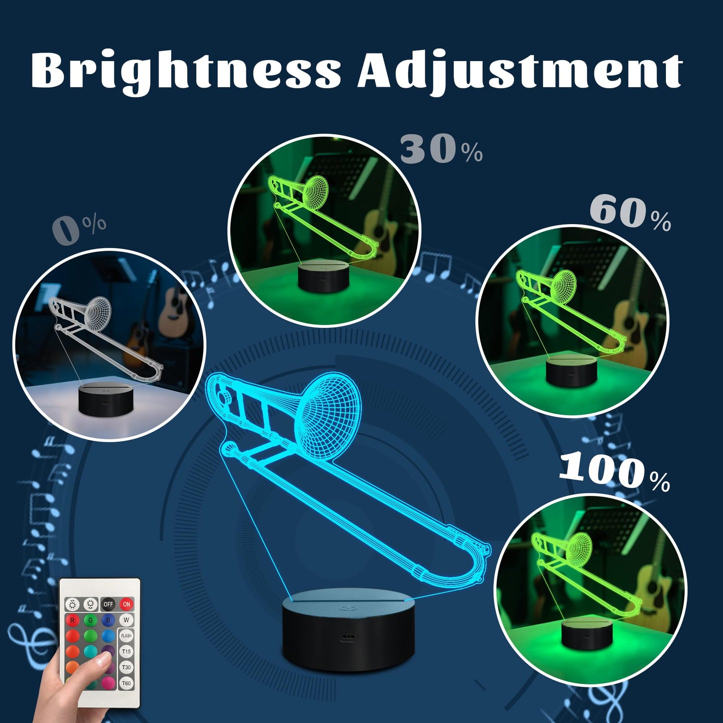 CoolGift Mart Trombone Night Light, 3D LED Optical Illusion Lamp with 16 Colors and Remote Controller, Gifts for Trombone Enthusiasts Music Lovers