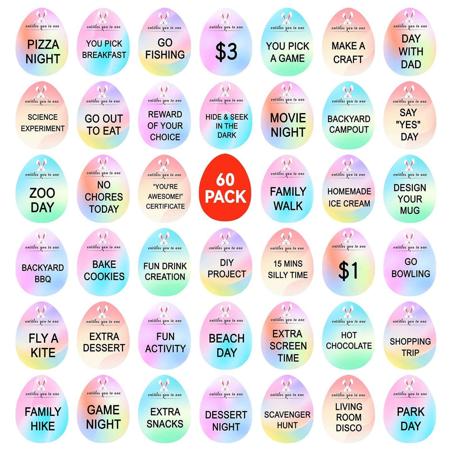 Easter Egg Fillers - 60pcs Easter Egg Tokens, Easter Eggs Filled Basket Stuffers Essentials Prefilled Party Favors Supplies, Family Games Hunt Prize Bulk Activity Gifts for Boys Girls Teens Exchanges