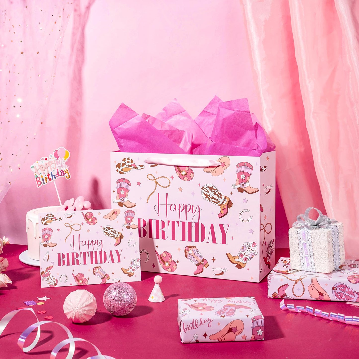 LeZakaa 13" Western Birthday Gift Bag for Kids Girls, Happy Birthday Cowgirl Hats Boots Lassos Horseshoes Stars Design, Tissue Paper, Greeting Card, 13" x 10" x 5", 1 Pcs