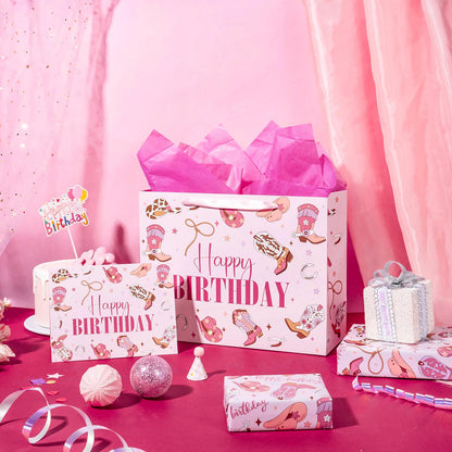 LeZakaa 13" Western Birthday Gift Bag for Kids Girls, Happy Birthday Cowgirl Hats Boots Lassos Horseshoes Stars Design, Tissue Paper, Greeting Card, 13" x 10" x 5", 1 Pcs