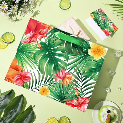 Luau Hawaiian Gift Bag Aloha Tropical Birthday Wrapping Paper Bag with Tissue Paper and Greeting Card Summer Palm Leaves Goodie Treat Bags for Baby Showers Birthday Hawaii Party Decor Supplies