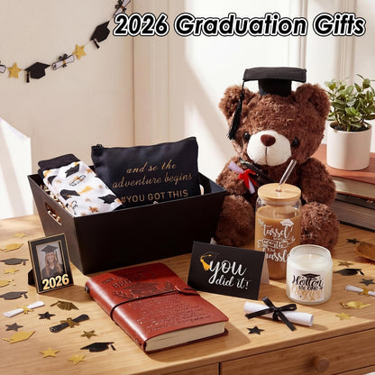 Baderke 8 Pcs 2026 Graduation Gifts Set for Her Congrats Grad Gift Basket Contents Plush Bear Notebook Glasses Cup Makeup Bag Scented Candle Socks Gift Card Graduated Favors for High School College