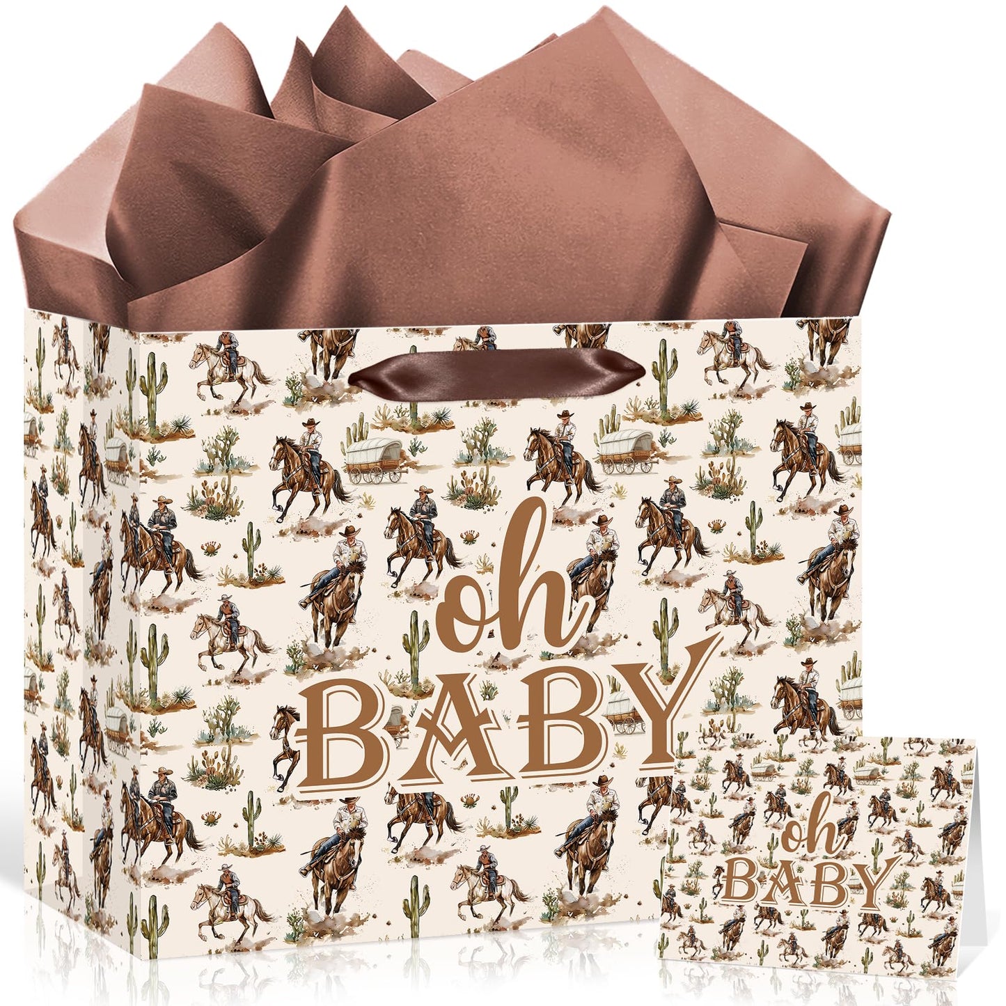 Woosytoo Cowboy Baby Gift Bag with Card Tissue Papers, Western Rodeo Baby Shower Wrapping Paper Bag Wild West Horse Present Bags for Newborn Congratulations Gifts Gender Reveal Party Favors