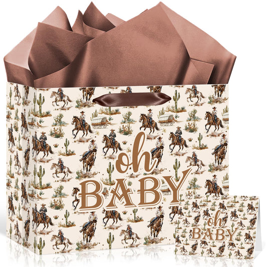 Woosytoo Cowboy Baby Gift Bag with Card Tissue Papers, Western Rodeo Baby Shower Wrapping Paper Bag Wild West Horse Present Bags for Newborn Congratulations Gifts Gender Reveal Party Favors