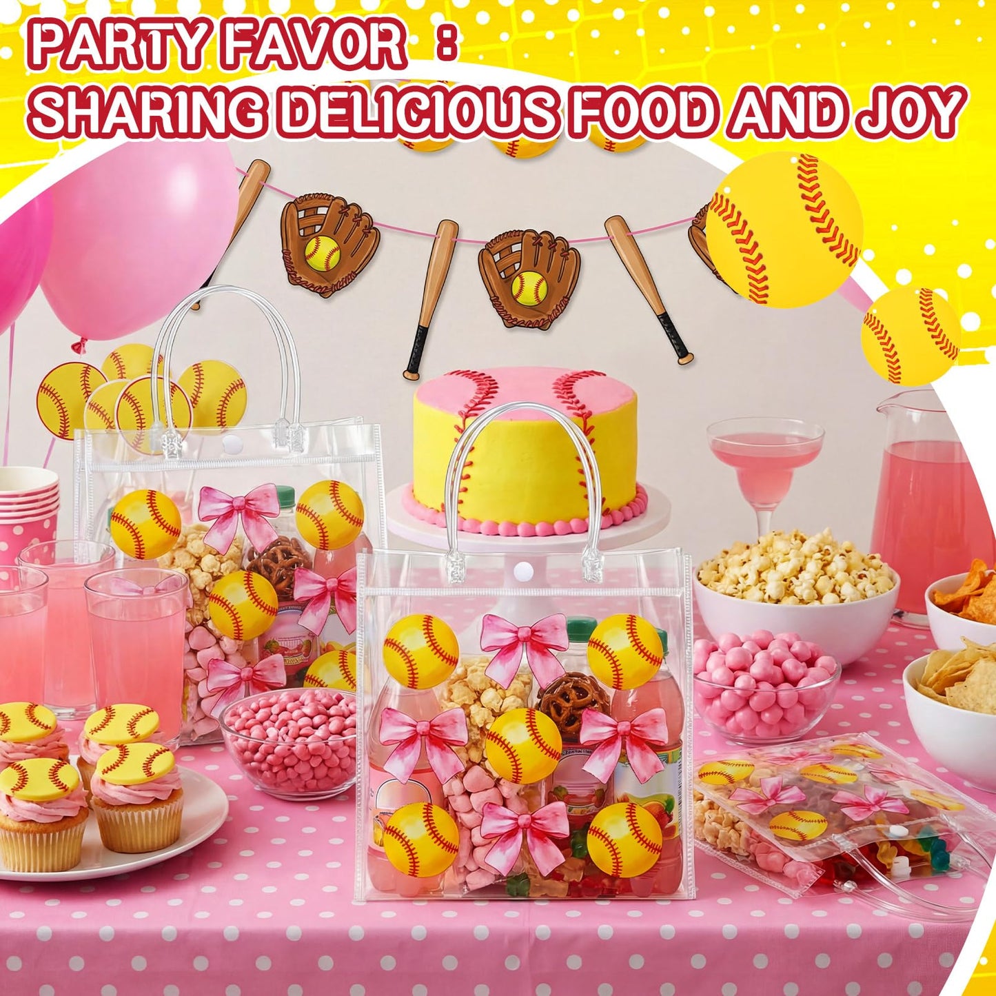 Wesnoy 20 Pcs Cute Softball Gift Bag Pink Bow Softball Goodie Gifts Bags with Handles Reusable Sport Themed Treat Bags for Candy Birthday Party Supplies 8 x 8 x 3.15''