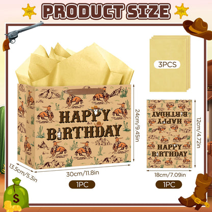 Wauprant Cowboy Birthday Gift Bags,Brown Western Rodeo Cowboy Wrapping Paper Gift Bag with Handles Greeting Card and Paper,Riding Horse Wild West Party Decoration for Men Birthday Western Theme Party
