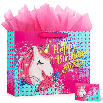 BeiLaad Unicorn Happy Birthday Gift Bag with Greeting Card and Tissue Paper, Birthday Gift Bags for Kids Girls Medium