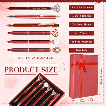 Qeeenar 6 Pcs Fancy Pens for Women Crystal Diamond Pen for Journaling Pretty Glitter Ballpoint with Box Inspirational Gifts for Women Girls College Students Cute Back to School Gifts(Red)
