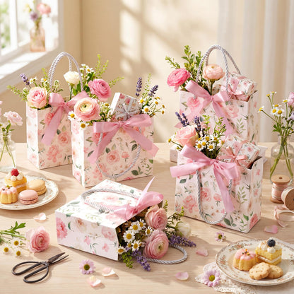 Moinchore 30 Pcs Pink Floral Paper Gift Bags with Ribbon Handles, 5.5 x 4.7 x 2.5 in Medium Decorative Favor Bags for Baby Shower, Bridal Party, Wedding, Birthday, Candy, Snacks and Small Gifts