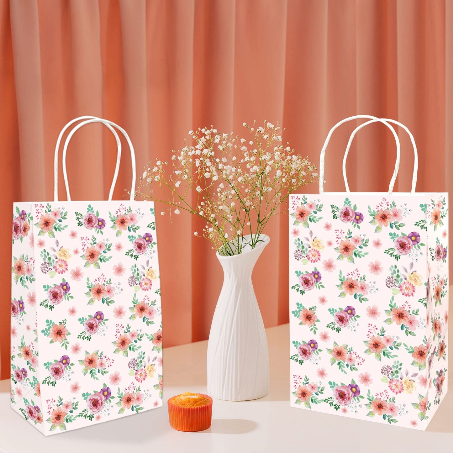 Fancy Land Floral Gift Bags with Handles Spring Paper Party Favor Bag for Wedding Birthday Bridal Baby Shower 24 Pack