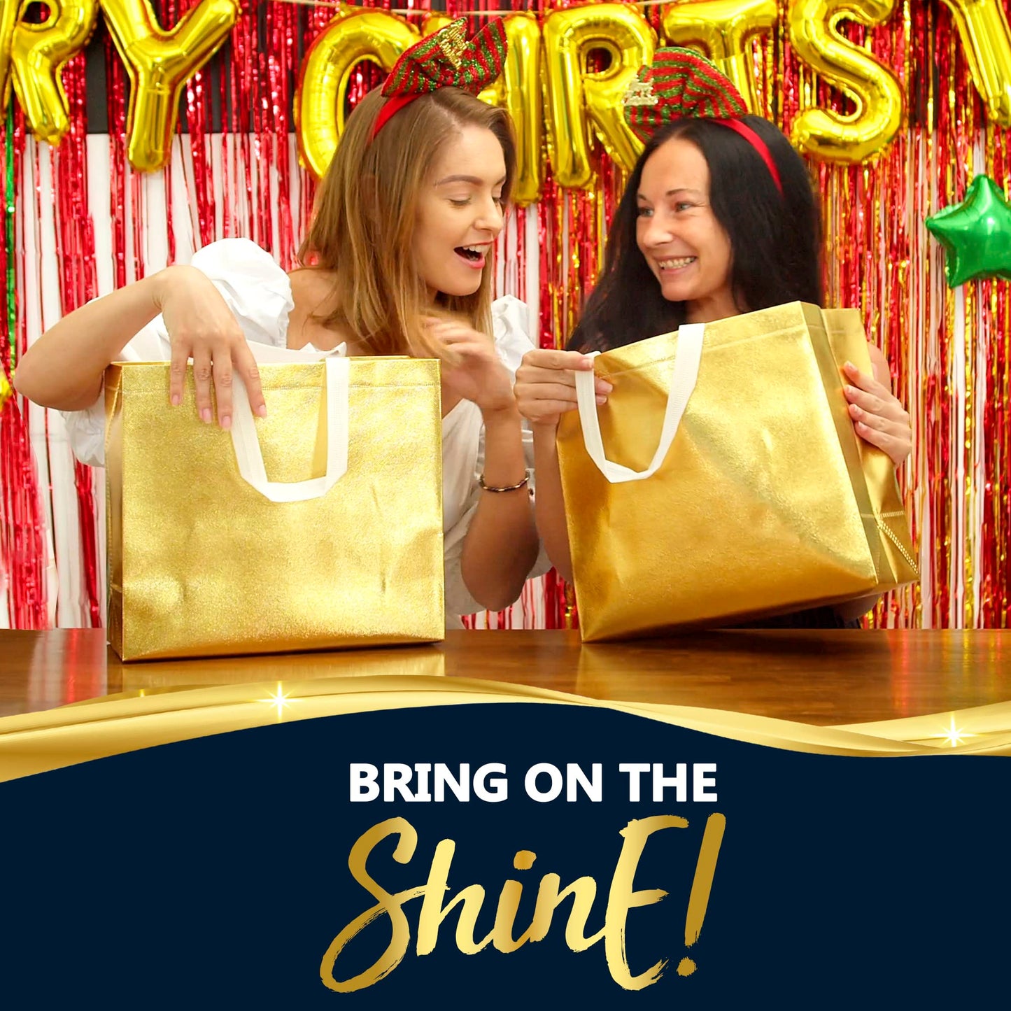 Nush Nush Large Gold Reusable Gift Bags With Handles - Set of 15, Bulk, Christmas, Birthday, Party Favor Bags - 13Wx5Dx11H