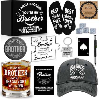 15 Pcs Brother Gifts from Sister Brother with 11 Oz Whiskey Glass Coaster Hat Socks Acrylic Plaque Bracelet Keychain, Birthday Christmas Christian Gift for Men Son Nephew Grandson