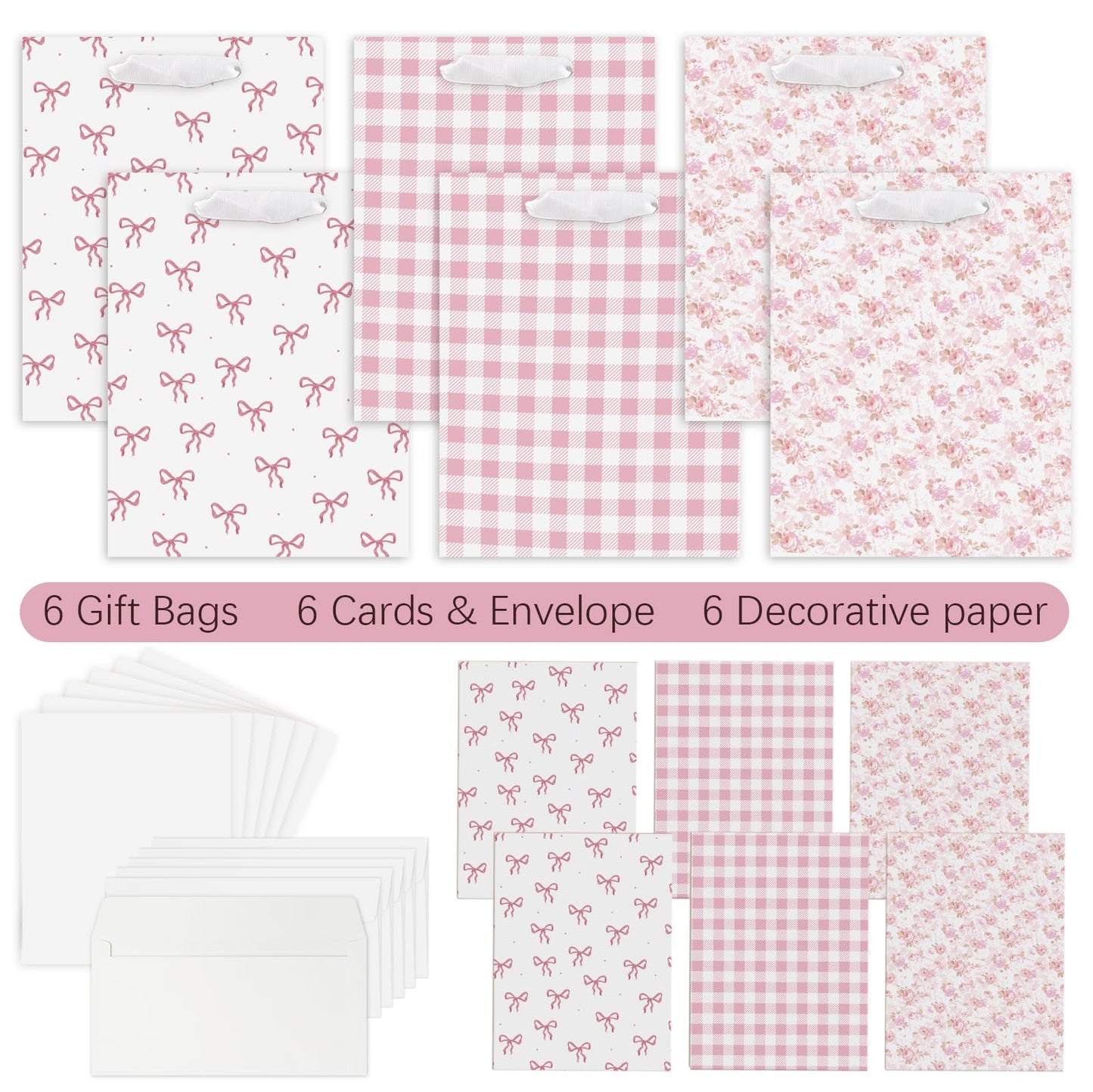 Coquette Charm Pink Bow Gift Bags Set of 6 - Medium Sized 9" Bags with Handles incl. Matching Tissue Paper, Cards in Pink for Girl- Reusable & For Presents of Any Birthday, Weddings，Bridal Shower