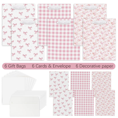 Coquette Charm Pink Bow Gift Bags Set of 6 - Medium Sized 9" Bags with Handles incl. Matching Tissue Paper, Cards in Pink for Girl- Reusable & For Presents of Any Birthday, Weddings，Bridal Shower