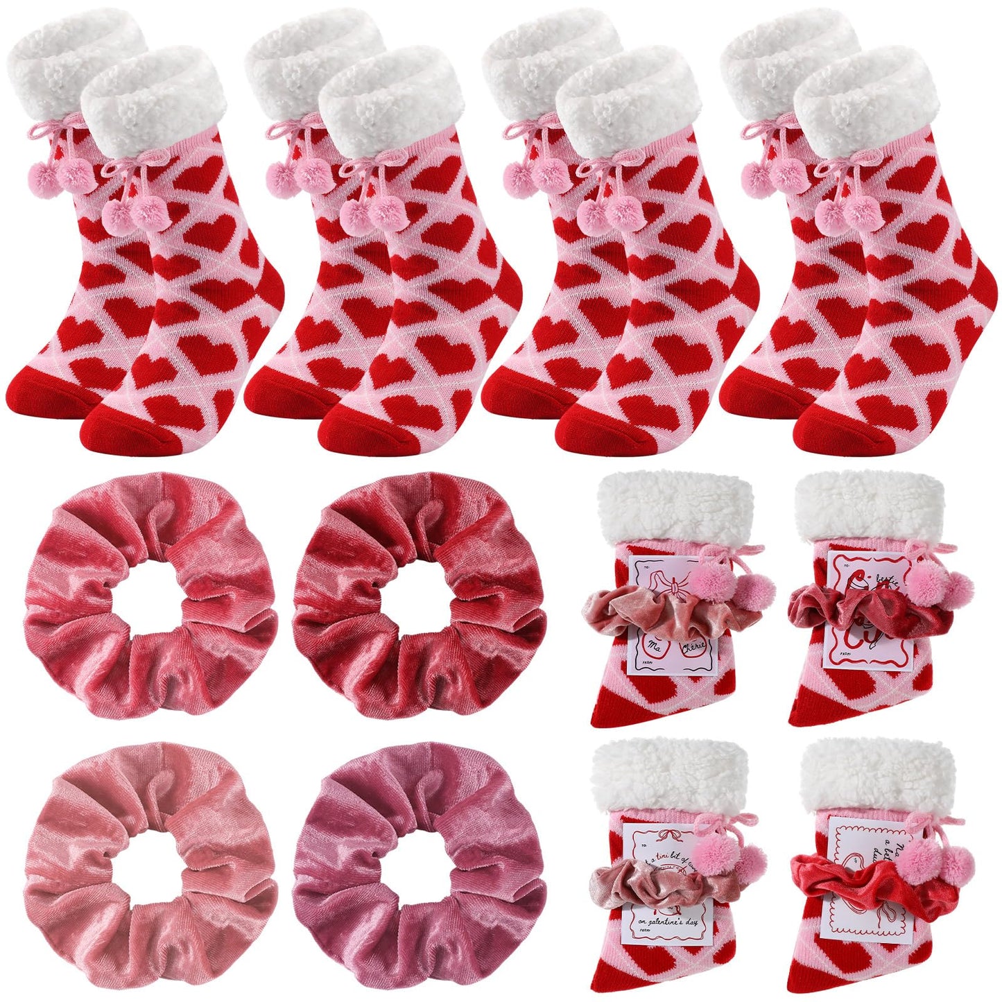 4 Sets/12 Pcs Galentine's Day Pink Gifts Sets Bulk Include 4 Pair Galentines Fuzzy Sock 4 Pcs Greeting Card 4 Pcs Velvet Hair Scrunchies for Women Friend Bestie Valentine's Day Party Favor