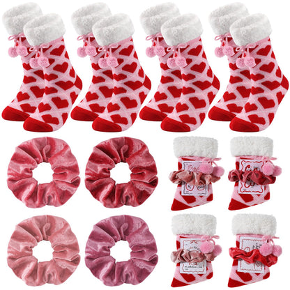 4 Sets/12 Pcs Galentine's Day Pink Gifts Sets Bulk Include 4 Pair Galentines Fuzzy Sock 4 Pcs Greeting Card 4 Pcs Velvet Hair Scrunchies for Women Friend Bestie Valentine's Day Party Favor