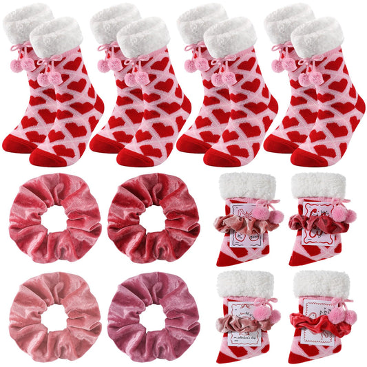 4 Sets/12 Pcs Galentine's Day Pink Gifts Sets Bulk Include 4 Pair Galentines Fuzzy Sock 4 Pcs Greeting Card 4 Pcs Velvet Hair Scrunchies for Women Friend Bestie Valentine's Day Party Favor