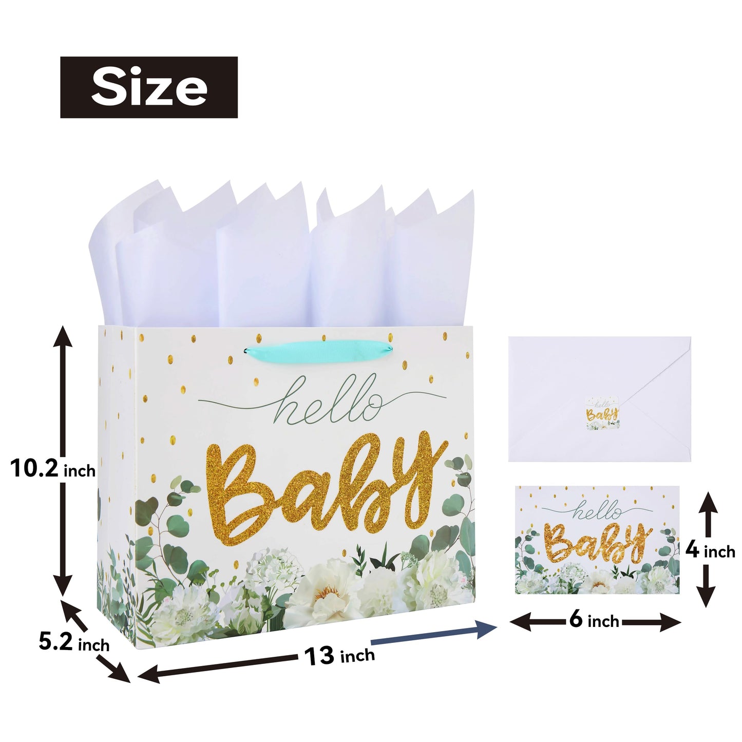 13" Large White Gift Bag Set with Greeting Card and Tissue Papers (Gold Glitter ‘Baby’) for Girls' Birthday Party, Women's Birthday Parties, Baby Shower, Baby Girl or Boy - 13”x5.2”x10.2”, 1 Pcs.