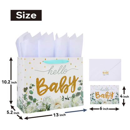 13" Large White Gift Bag Set with Greeting Card and Tissue Papers (Gold Glitter ‘Baby’) for Girls' Birthday Party, Women's Birthday Parties, Baby Shower, Baby Girl or Boy - 13”x5.2”x10.2”, 1 Pcs.