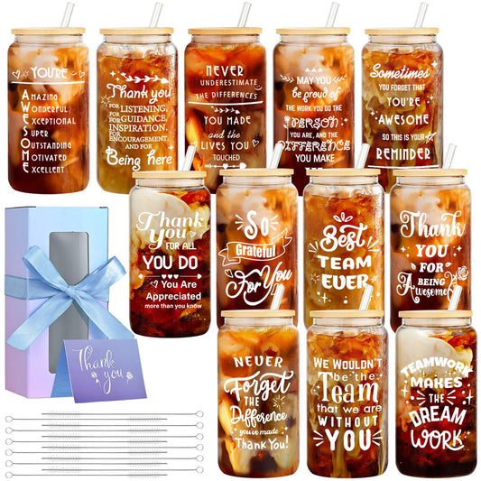 12 Set Employee Appreciation Gifts Bulk, Personalized Inspirational Thank You Gifts for Graduation Season Coworker 16 oz Can Shaped Beer Glass Cups, Gift Box & Card for Team Women Men Teacher
