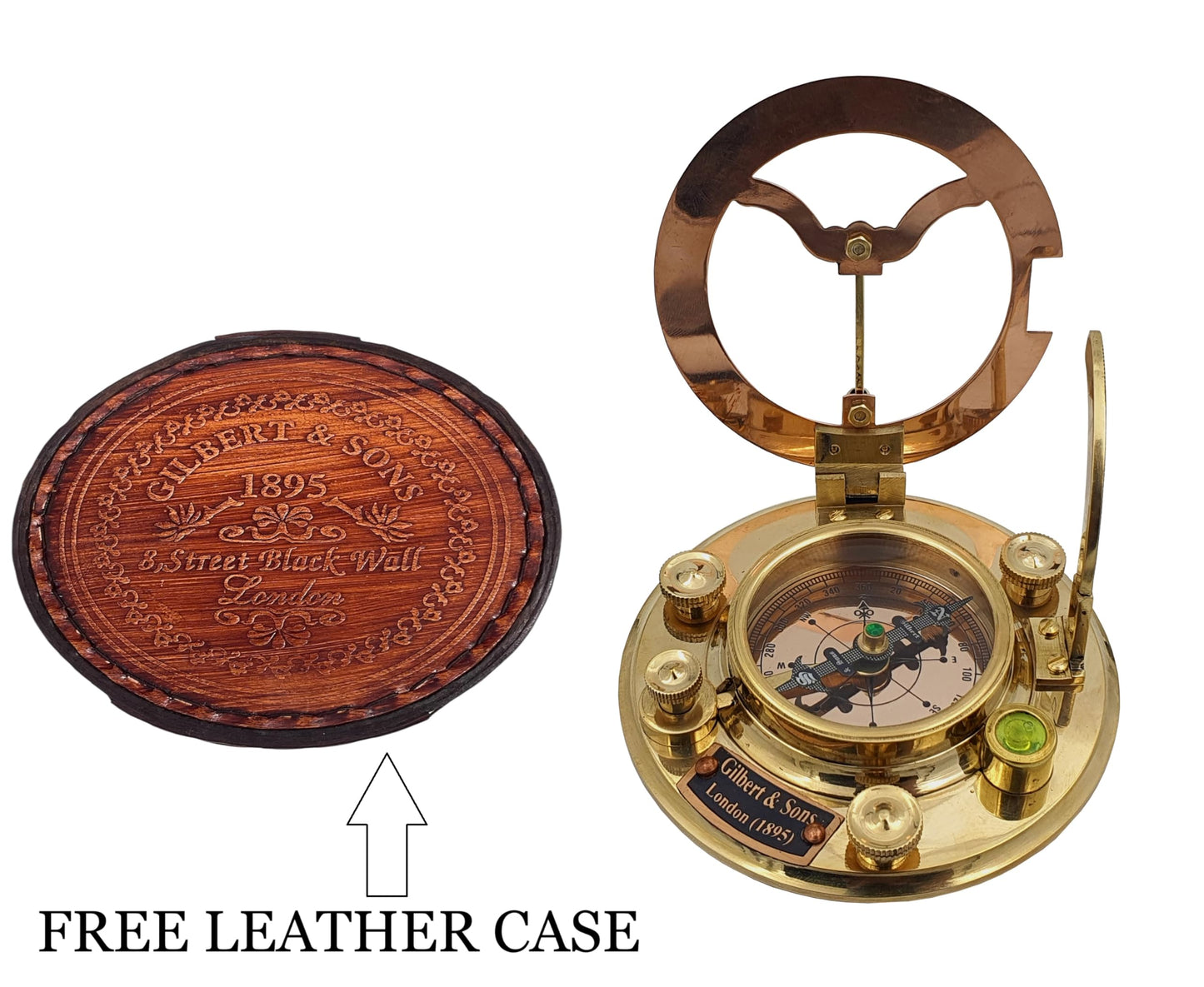 Personalized Engraved Antique Brass & Copper Sundial Compass, Sundial Clock in Leather Box Gift Sun Clock Ship Replica Watch