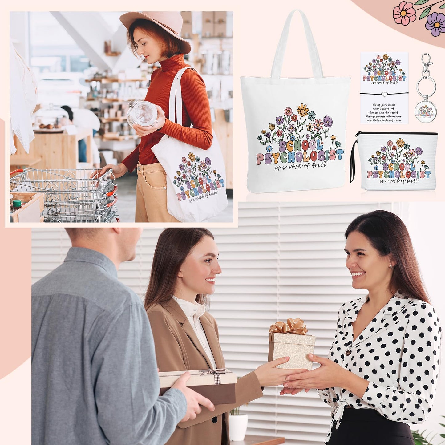 Sweetude 4 Pcs School Psychologist Gift Sets Includes Canvas Tote Bag, Heart Bracelet with Wish Card, Makeup Bag and Keychain Psychology Therapist Appreciation Gifts for Women Teachers Educators