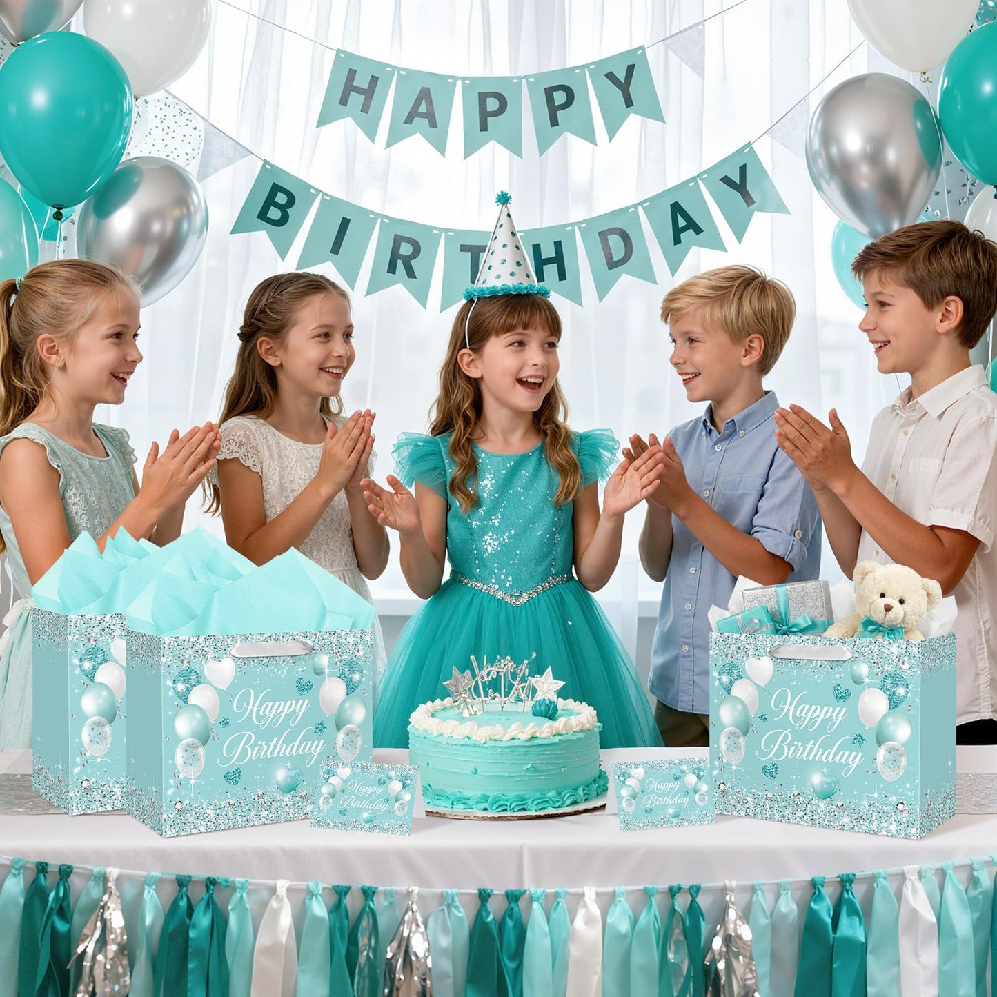 Teal Birthday Gift Bag for Girls Women Turquoise Birthday Gift Wrap Bag with Handle Teal Wrapping Paper Greeting Card for Kids Baby Shower Anniversary Turquoise Party Favors Decorations Supplies