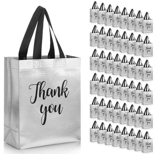Fumete 50 Pcs Silver Glossy Thank You Gift Bag with Handles 8 x 4 x 10 Inch Non Woven Reusable Gift Bags for Graduation Fathers Day Wedding Birthday Party Engagement Anniversary Holidays