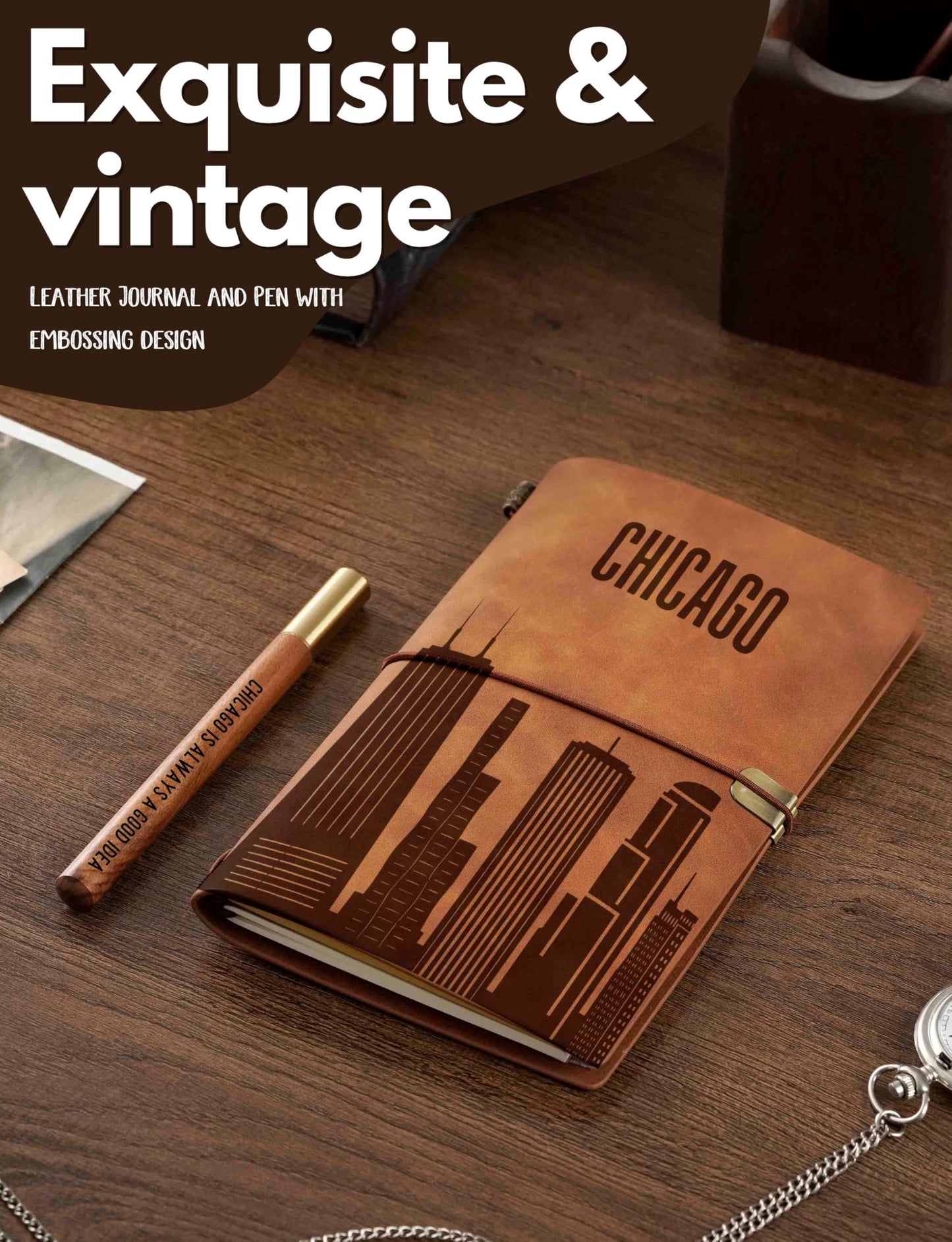 InnoBeta Chicago City Skyline Gifts, Chicago Gifts for Chicago Lovers, Journal Notebook with Pen, Refillable Sketchbook, Lined Planner, 7x5 Inches