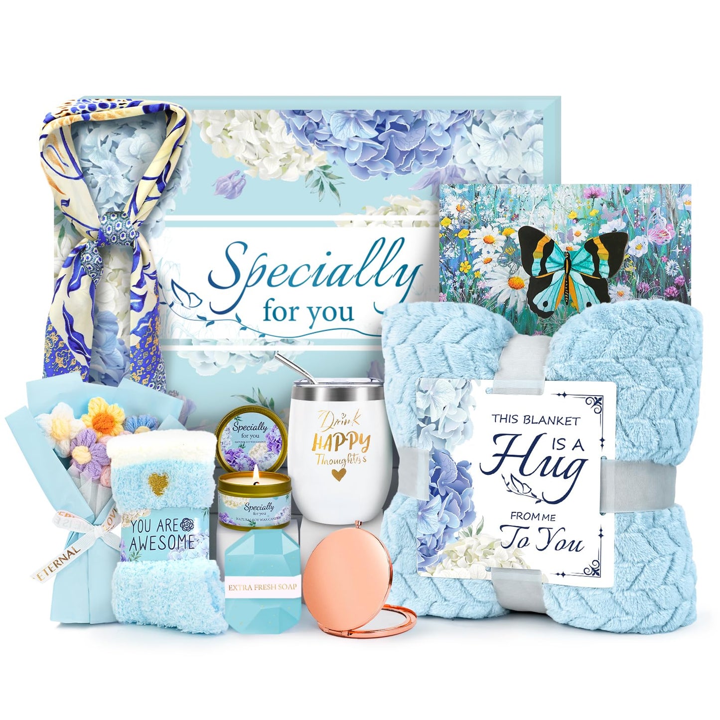 Happy Birthday Gifts for Women Mom Daughter Sister Wife Grandma, for Her, Self Care Gift Get Well Relaxing Spa Gift Basket Set (Blue)