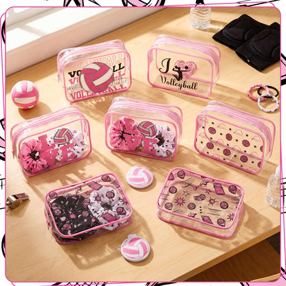 36 Pcs Pink Volleyball Gifts for Girl 12 Pink Volleyball Makeup Bag Bulk Cosmetic Bag Sport Team Gifts with 12 Sport Hair Scrunchies 12 Round Portable Folding Brush Mirror for Team Party