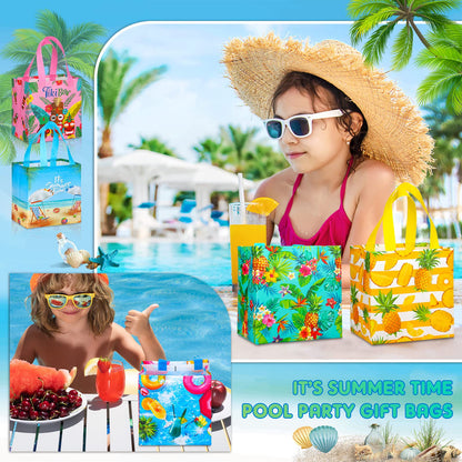 Hillban 60 Pcs 8 x 8 x 6 Inch Summer Party Favor Bags Fruit Gift Treat Bags Hawaii Aloha Goodie Totes Summer Beach Pineapple Watermelon Non Woven Totes with Handles for Party Supplies