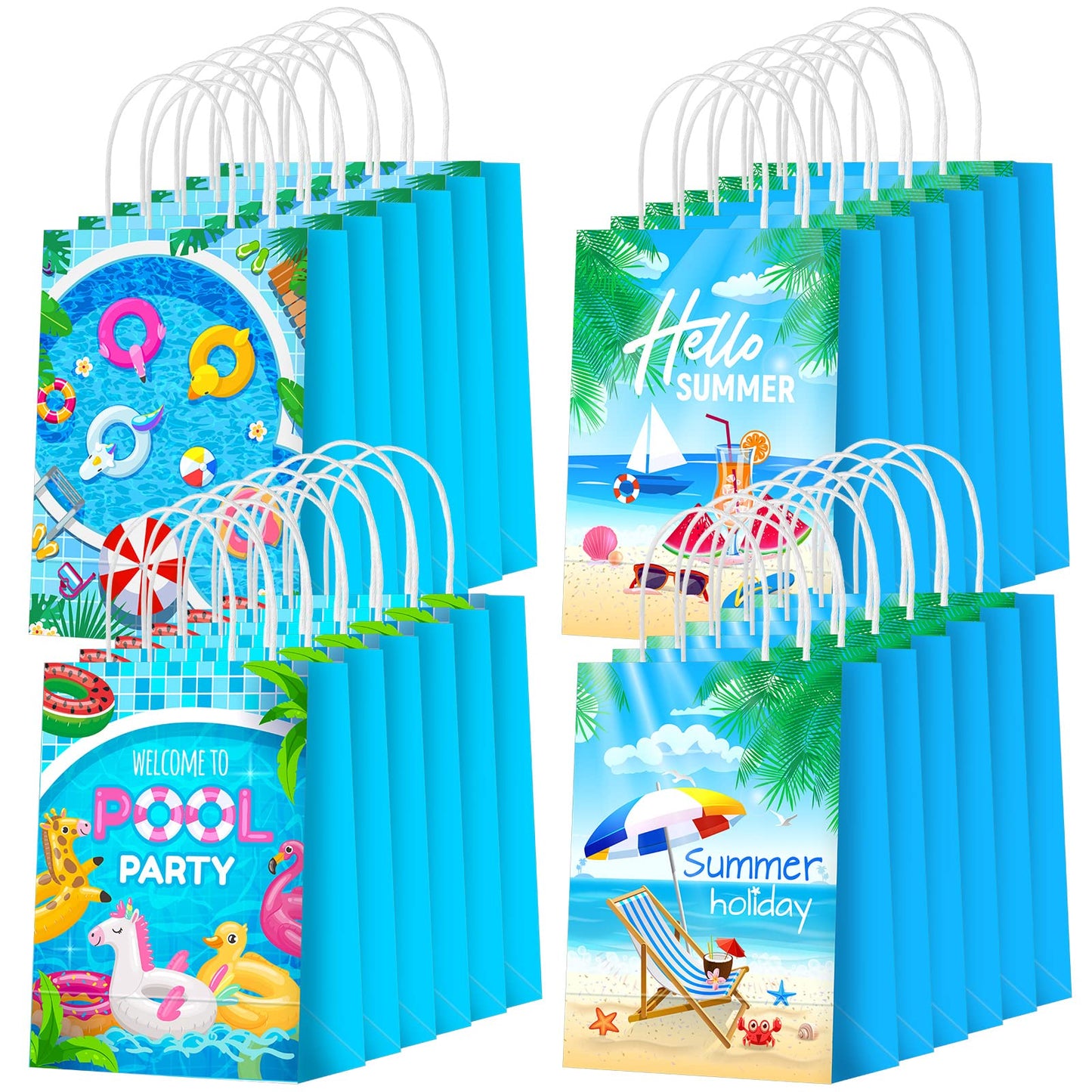 Outus 24 Pieces Summer Pool Party Favors Bags Beach Gift Goodie Paper Bags with Handles Beach Swimming Pool Candy Treat Pouch for Summer Hawaiian Luau Birthday Holiday Party Supplies