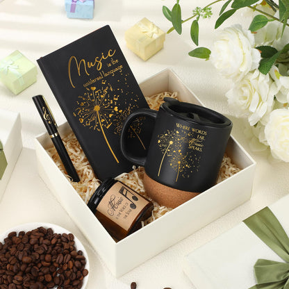 SiliFine 4 Pcs Music Lover Gifts Women Men 15 oz Musician Coffee Mug with Lid Leather Journal Notebook Candle and Pen Set Music Teacher Thank You Gift for Piano Students Birthday Retirement(Black)