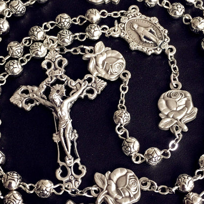elegantmedical HANDMADE Silver rose beads Catholic 5 DECADE Rosary case Cross Gift Box Italy crucifix cross